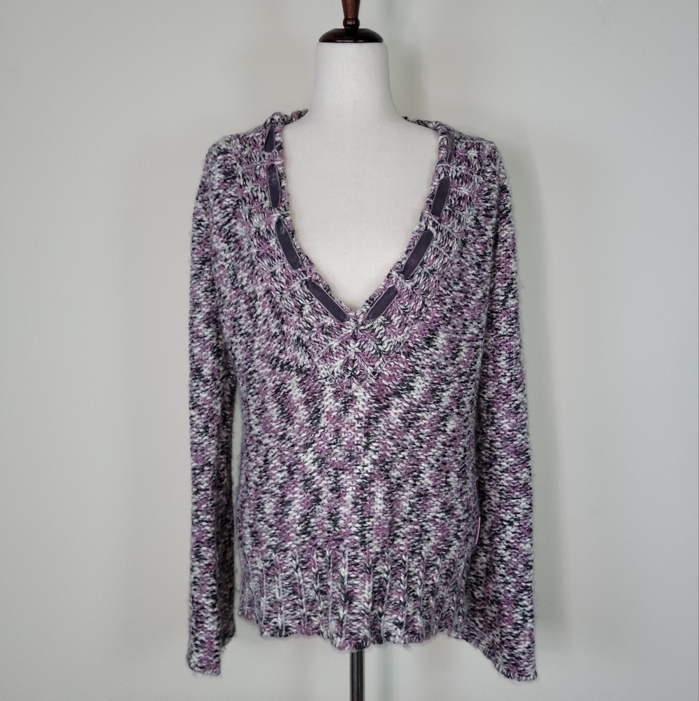 DKNY Jeans Sweater Womens X-Large Pink Gray Wool V-Neck Chunky Knit Long-Sleeved
